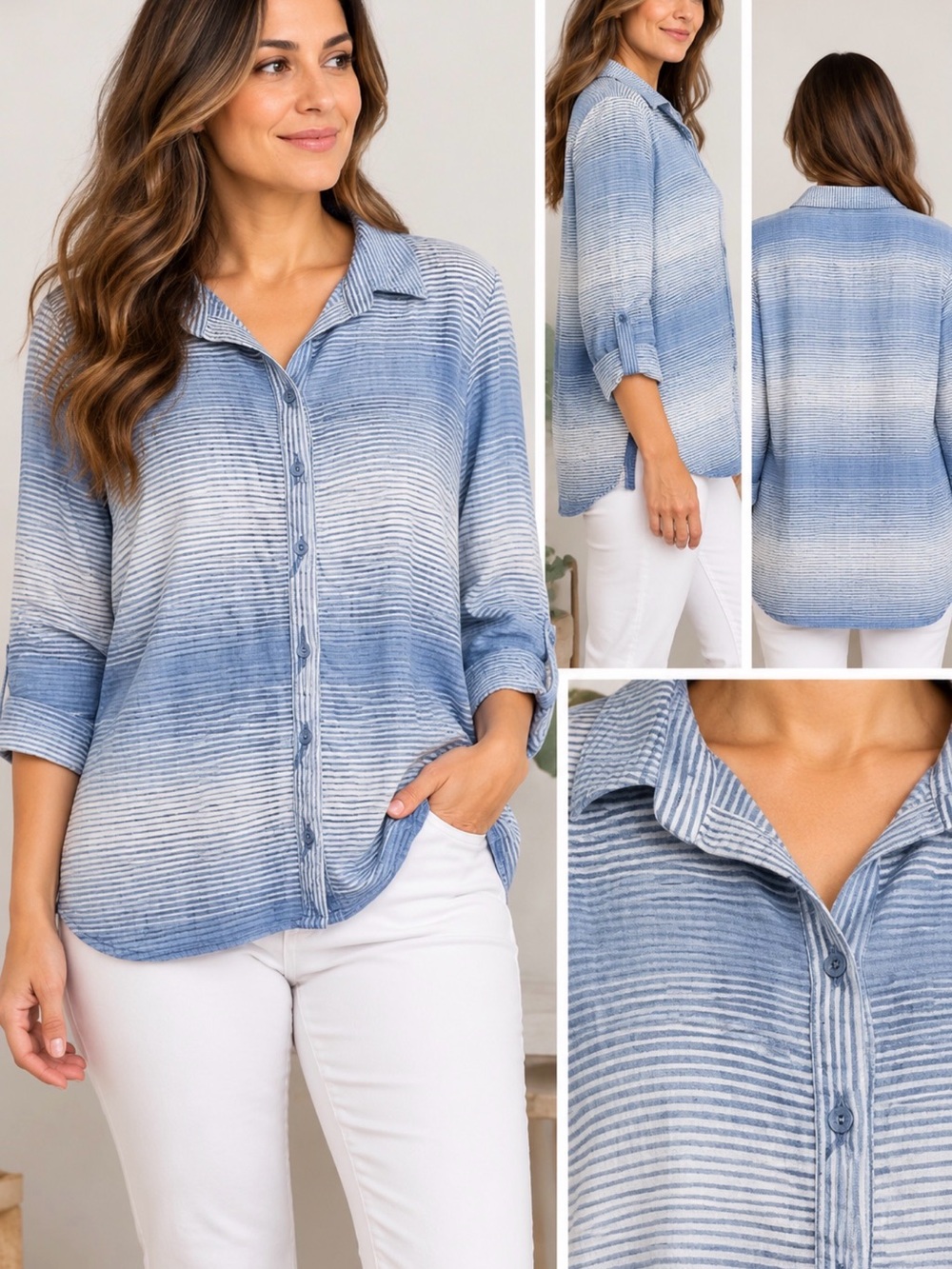 Ali Miles Women Blouse Light Blue & White Striped Shirt Size L.